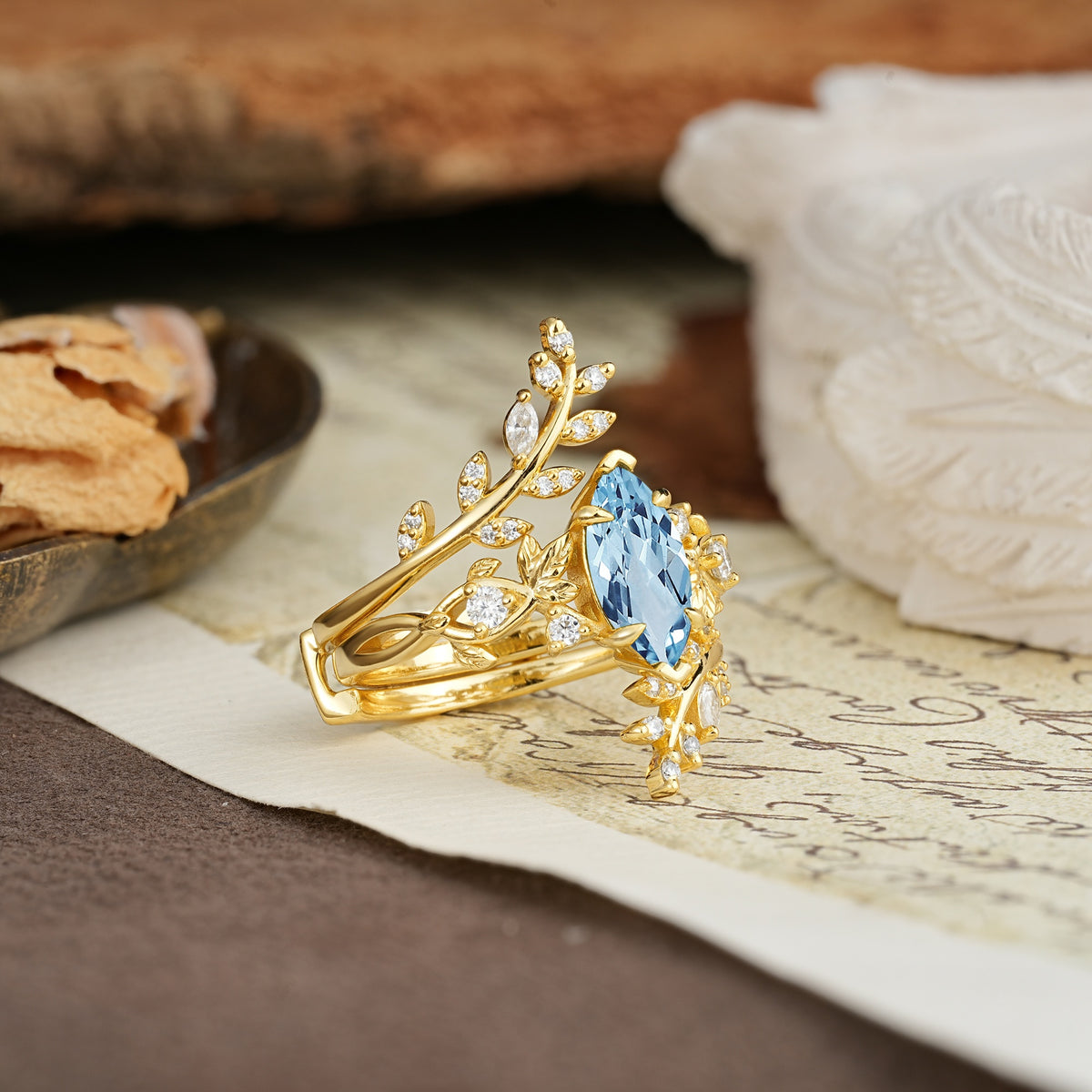 Nature-Inspired Unique Aphrodite's Garden Marquise-Cut Aquamarine Emerald LeafAphrodite's Bridal Ring Set | RamaSoul - Additional view