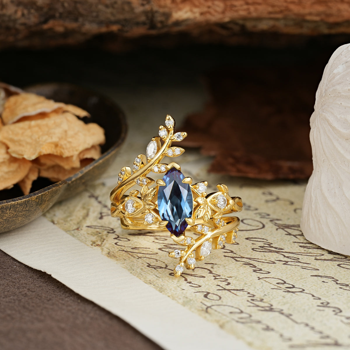 Nature-Inspired Unique Aphrodite's Garden Marquise-Cut Alexandrite Emerald LeafAphrodite's Bridal Ring Set | RamaSoul - Yellow-Gold