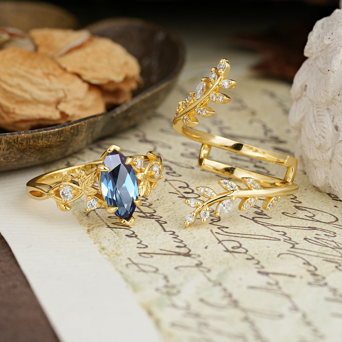 Nature-Inspired Unique Aphrodite's Garden Marquise-Cut Alexandrite Emerald LeafAphrodite's Bridal Ring Set | RamaSoul - White-Gold