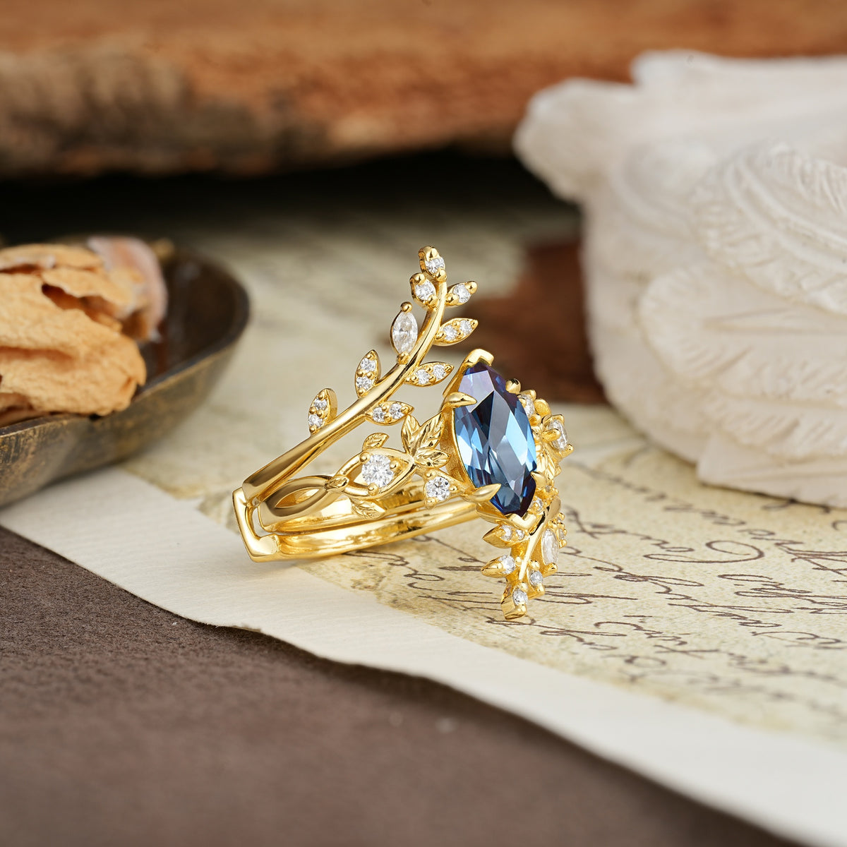 Nature-Inspired Unique Aphrodite's Garden Marquise-Cut Alexandrite Emerald LeafAphrodite's Bridal Ring Set | RamaSoul - Additional view