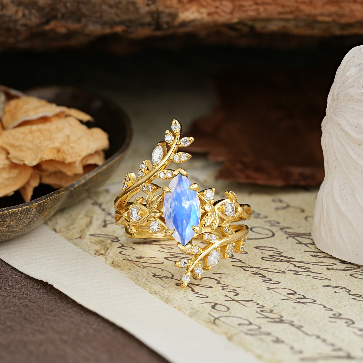 Nature-Inspired Unique Aphrodite's Garden Marquise-Cut Moonstone Emerald LeafAphrodite's Bridal Ring Set | RamaSoul - Yellow-Gold