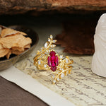 Nature-Inspired Unique Aphrodite's Garden Marquise-Cut Ruby Emerald LeafAphrodite's Bridal Ring Set | RamaSoul - Yellow-Gold