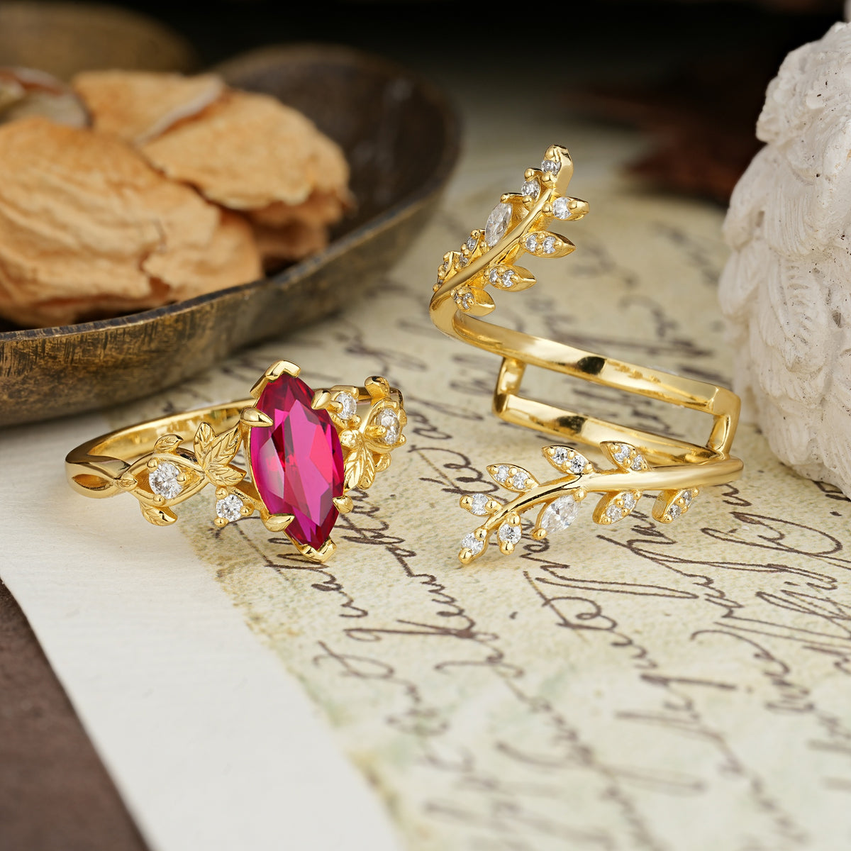 Nature-Inspired Unique Aphrodite's Garden Marquise-Cut Ruby Emerald LeafAphrodite's Bridal Ring Set | RamaSoul - White-Gold