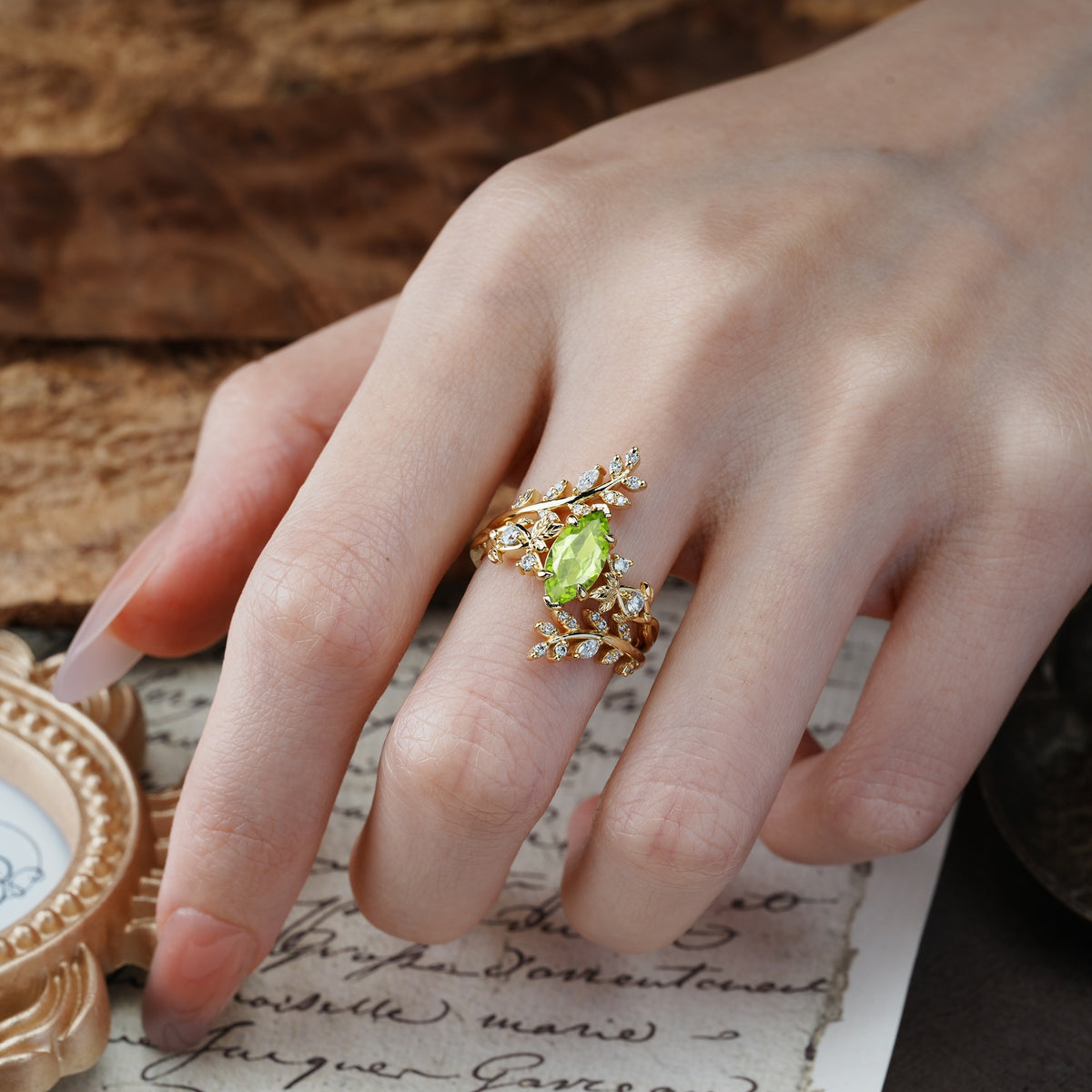 Nature-Inspired Unique Aphrodite's Garden Marquise-Cut Peridot Emerald LeafAphrodite's Bridal Ring Set | RamaSoul
