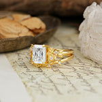 Nature-Inspired Luxury Aphrodite's Garden Emerald-Cut Moissanite Rose-Themed Bridal Ring Set | RamaSoul - Rose-Gold