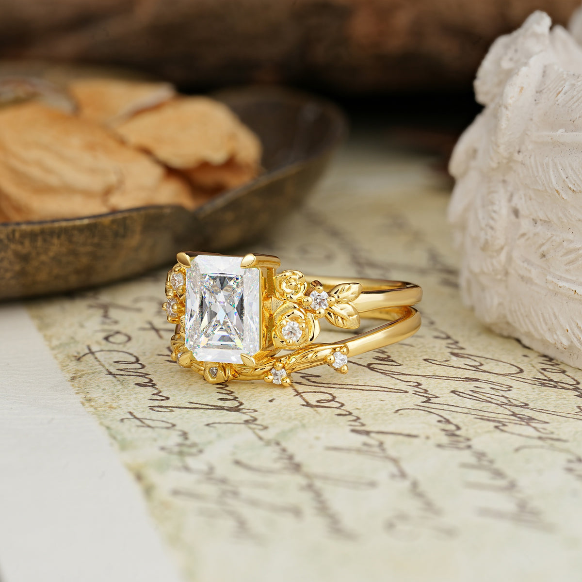 Nature-Inspired Luxury Aphrodite's Garden Emerald-Cut Moissanite Rose-Themed Bridal Ring Set | RamaSoul - Rose-Gold