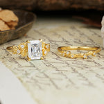 Nature-Inspired Luxury Aphrodite's Garden Emerald-Cut Moissanite Rose-Themed Bridal Ring Set | RamaSoul - White-Gold