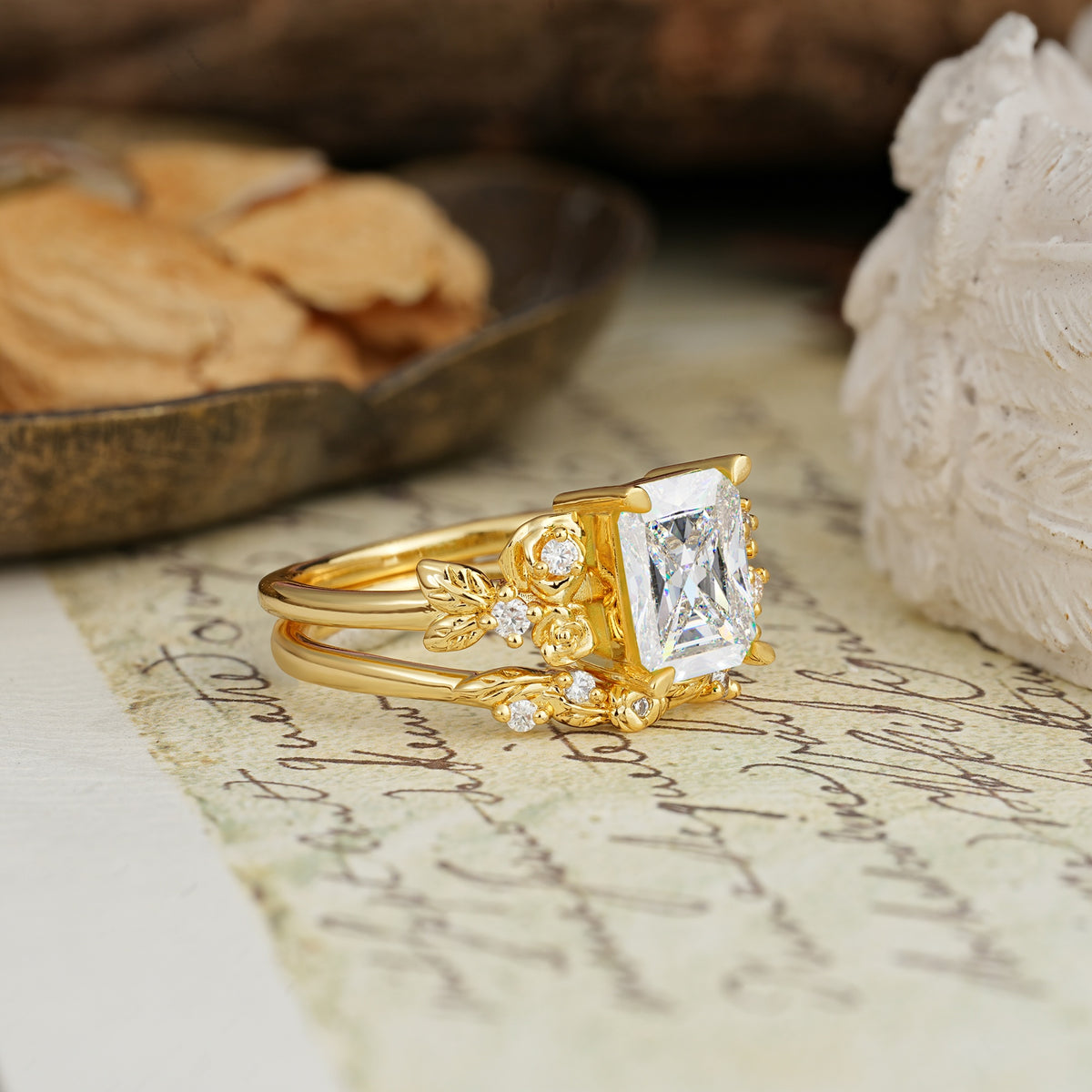 Nature-Inspired Luxury Aphrodite's Garden Emerald-Cut Moissanite Rose-Themed Bridal Ring Set | RamaSoul - Additional view