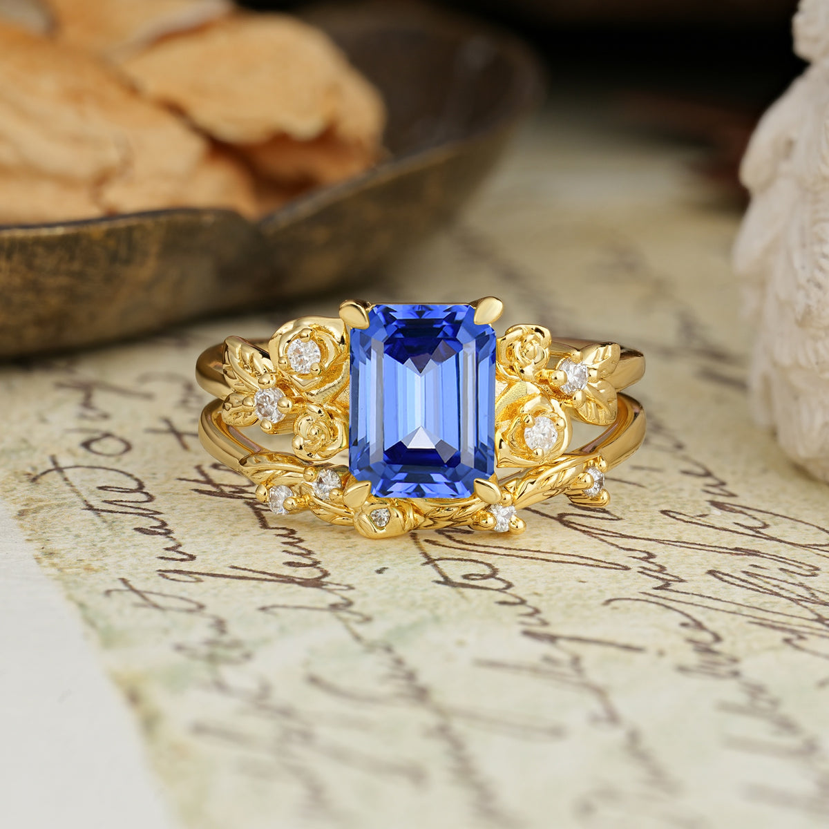 Nature-Inspired Luxury Aphrodite's Garden Emerald-Cut Sapphire Rose-Themed Bridal Ring Set | RamaSoul - Yellow-Gold