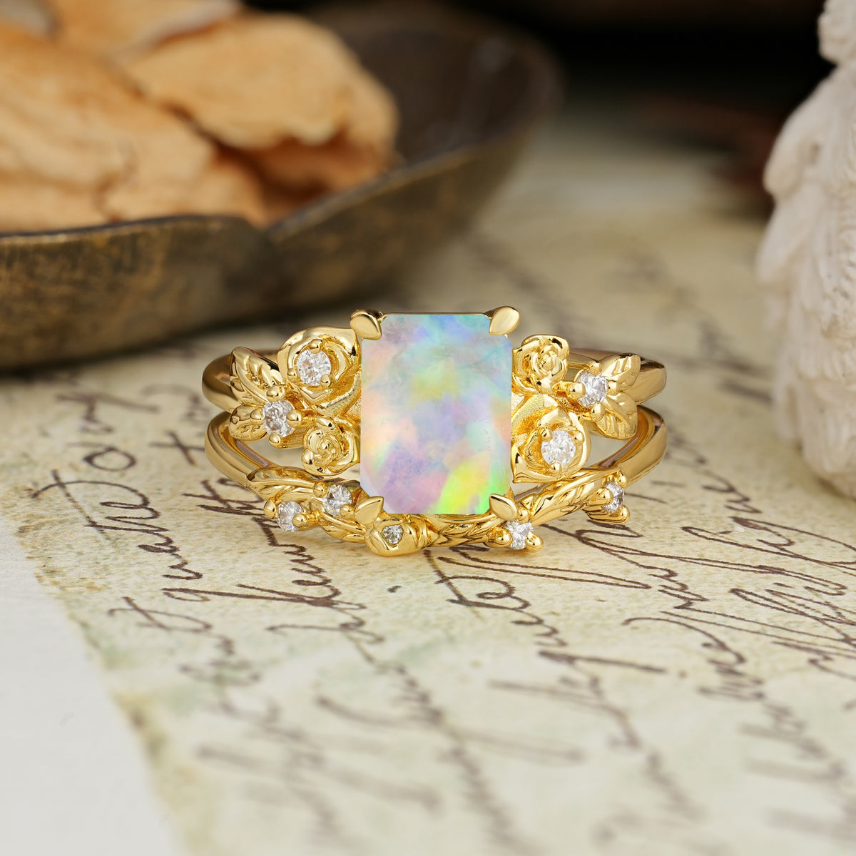 Nature-Inspired Luxury Aphrodite's Garden Emerald-Cut Fire Opal Rose-Themed Bridal Ring Set | RamaSoul - Yellow-Gold