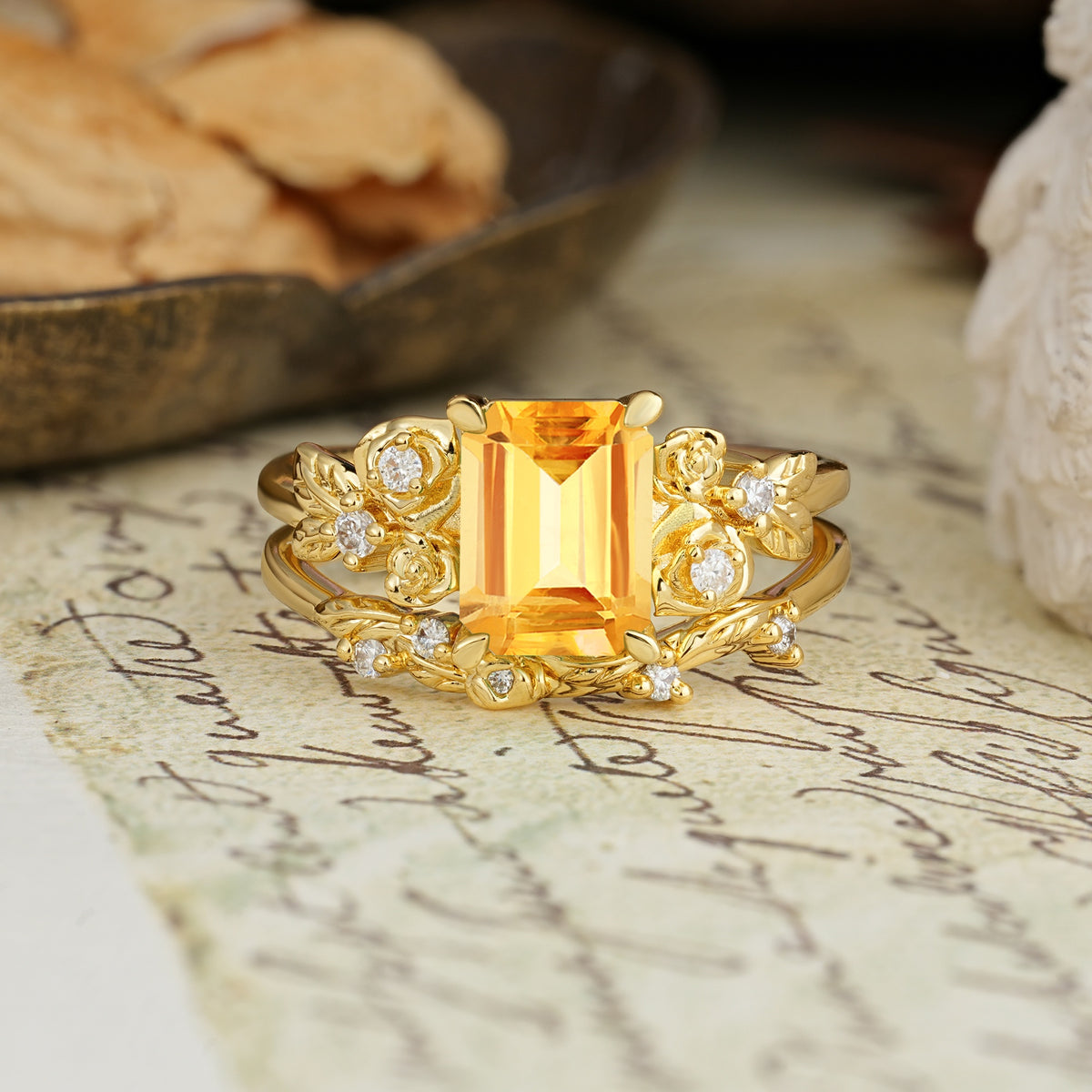 Nature-Inspired Luxury Aphrodite's Garden Emerald-Cut Citrine Rose-Themed Bridal Ring Set | RamaSoul - Yellow-Gold