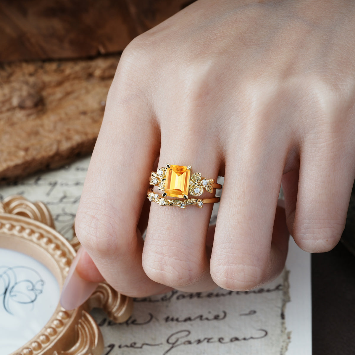 Nature-Inspired Luxury Aphrodite's Garden Emerald-Cut Citrine Rose-Themed Bridal Ring Set | RamaSoul