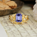 Nature-Inspired Luxury Aphrodite's Garden Emerald-Cut Tanzanite Rose-Themed Bridal Ring Set | RamaSoul - Yellow-Gold