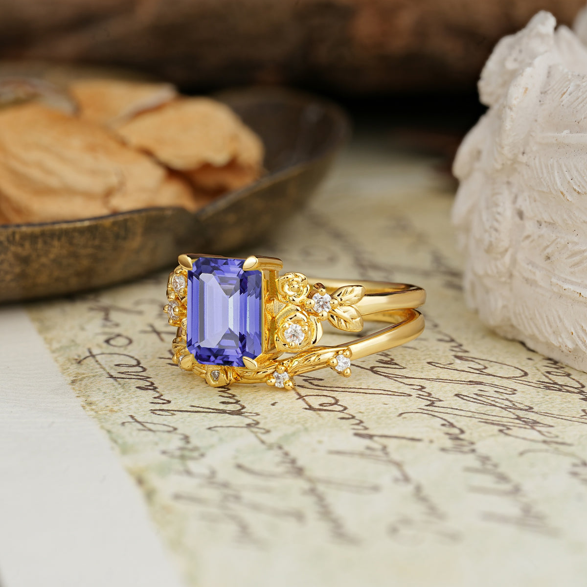 Nature-Inspired Luxury Aphrodite's Garden Emerald-Cut Tanzanite Rose-Themed Bridal Ring Set | RamaSoul - Rose-Gold