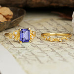 Nature-Inspired Luxury Aphrodite's Garden Emerald-Cut Tanzanite Rose-Themed Bridal Ring Set | RamaSoul - White-Gold