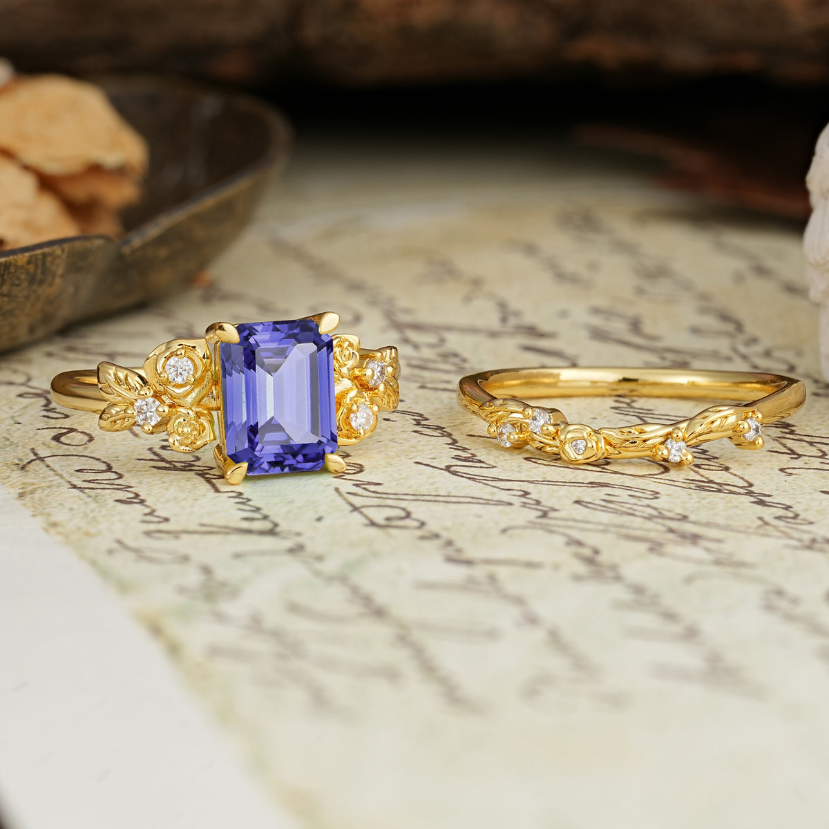 Nature-Inspired Luxury Aphrodite's Garden Emerald-Cut Tanzanite Rose-Themed Bridal Ring Set | RamaSoul - White-Gold
