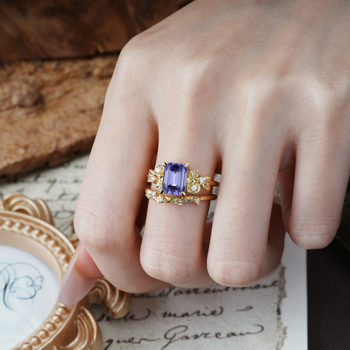 Nature-Inspired Luxury Aphrodite's Garden Emerald-Cut Tanzanite Rose-Themed Bridal Ring Set | RamaSoul