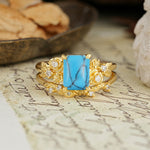 Nature-Inspired Luxury Aphrodite's Garden Emerald-Cut Turquoise Rose-Themed Bridal Ring Set | RamaSoul - Yellow-Gold