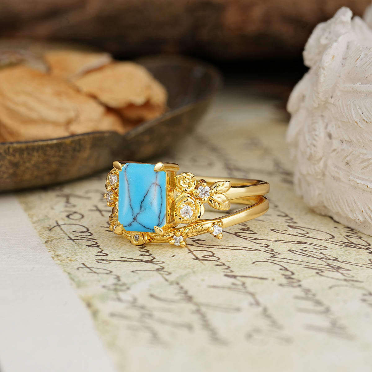 Nature-Inspired Luxury Aphrodite's Garden Emerald-Cut Turquoise Rose-Themed Bridal Ring Set | RamaSoul - Rose-Gold