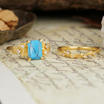 Nature-Inspired Luxury Aphrodite's Garden Emerald-Cut Turquoise Rose-Themed Bridal Ring Set | RamaSoul - White-Gold