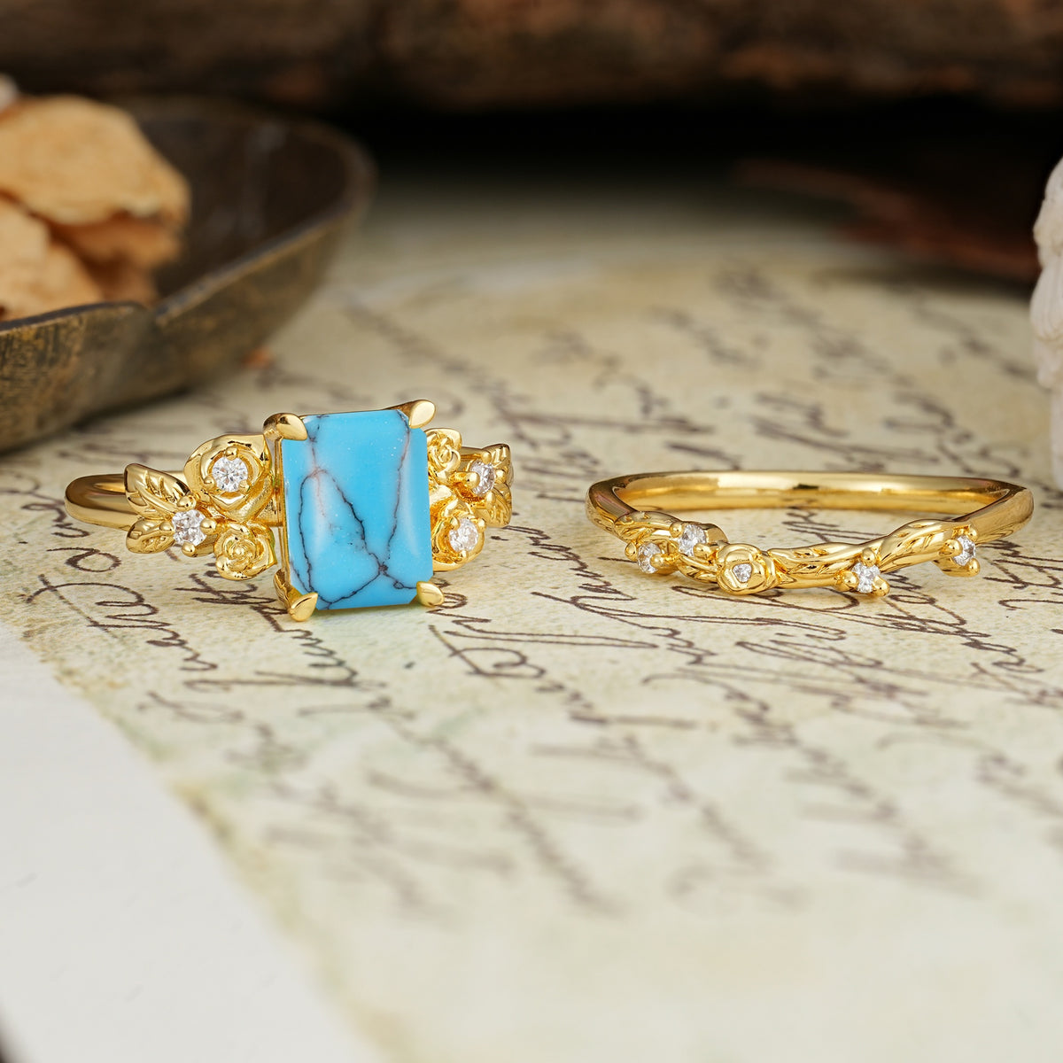Nature-Inspired Luxury Aphrodite's Garden Emerald-Cut Turquoise Rose-Themed Bridal Ring Set | RamaSoul - White-Gold