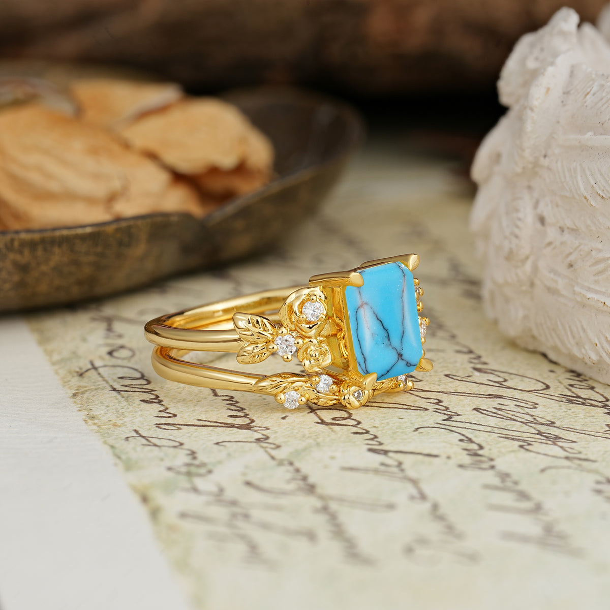 Nature-Inspired Luxury Aphrodite's Garden Emerald-Cut Turquoise Rose-Themed Bridal Ring Set | RamaSoul - Additional view