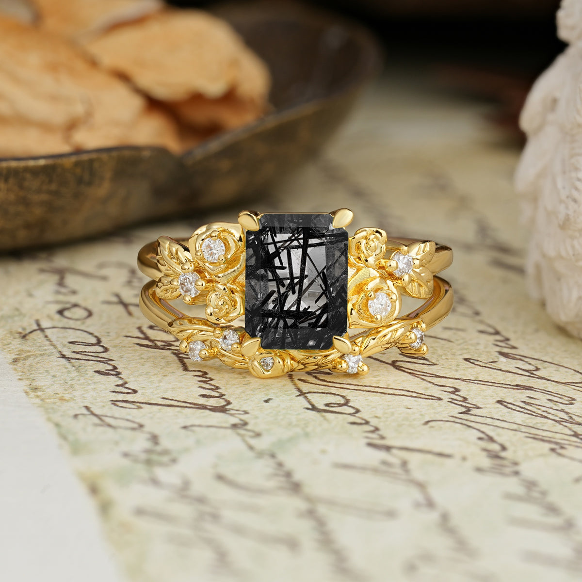 Nature-Inspired Luxury Aphrodite's Garden Emerald-Cut Black Rutilated Quartz Rose-Themed Bridal Ring Set | RamaSoul - Yellow-Gold