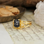 Nature-Inspired Luxury Aphrodite's Garden Emerald-Cut Black Rutilated Quartz Rose-Themed Bridal Ring Set | RamaSoul - Rose-Gold