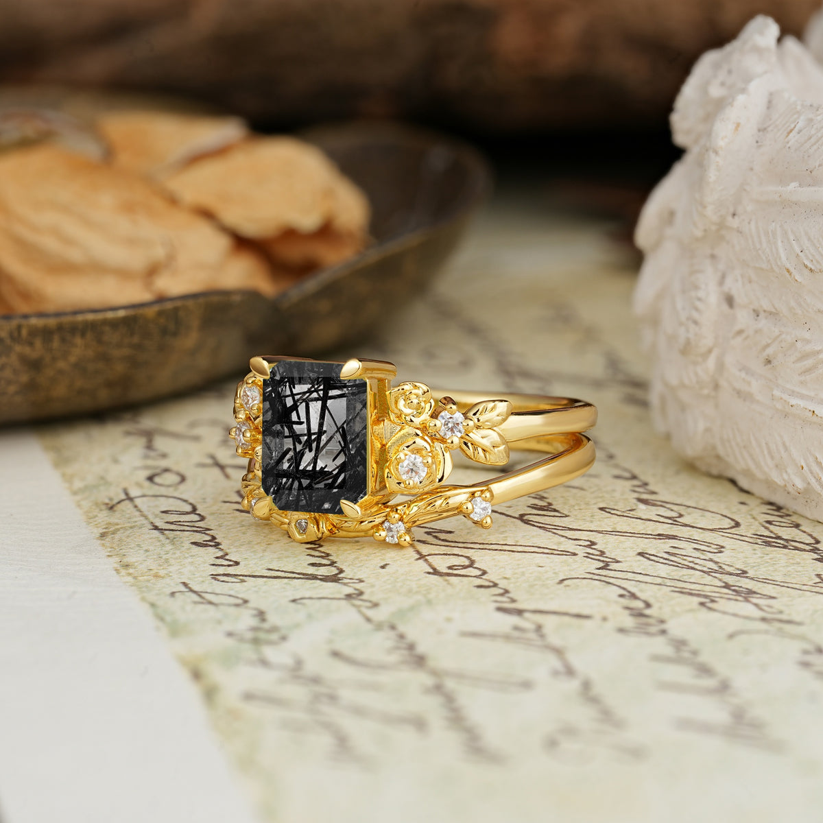 Nature-Inspired Luxury Aphrodite's Garden Emerald-Cut Black Rutilated Quartz Rose-Themed Bridal Ring Set | RamaSoul - Rose-Gold