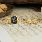 Nature-Inspired Luxury Aphrodite's Garden Emerald-Cut Black Rutilated Quartz Rose-Themed Bridal Ring Set | RamaSoul - White-Gold