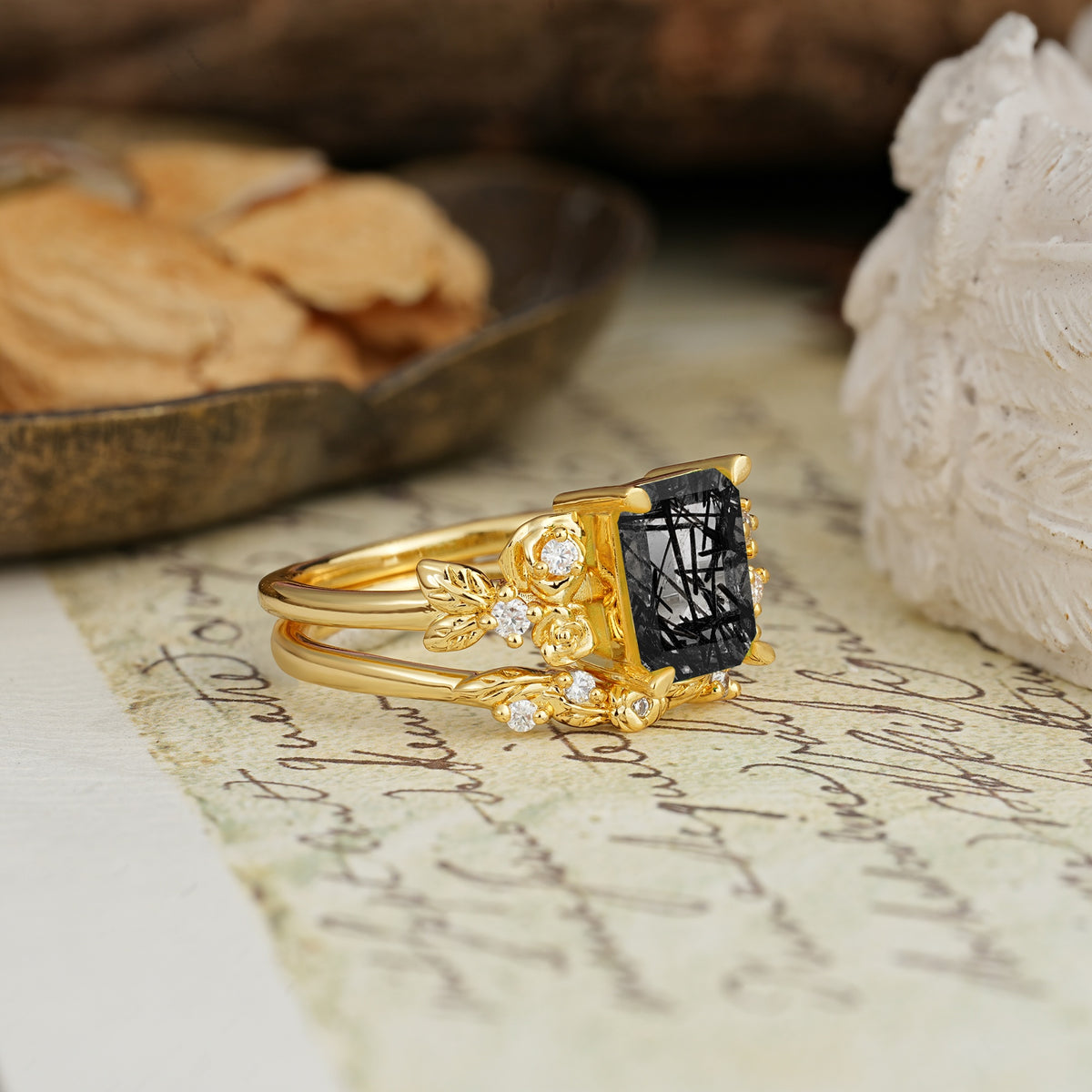 Nature-Inspired Luxury Aphrodite's Garden Emerald-Cut Black Rutilated Quartz Rose-Themed Bridal Ring Set | RamaSoul - Additional view