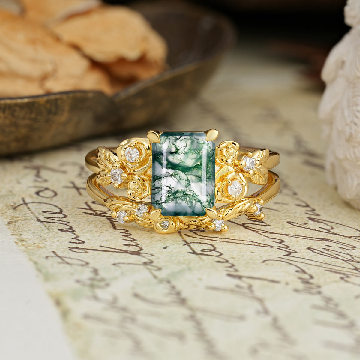 Nature-Inspired Luxury Aphrodite's Garden Emerald-Cut Moss Agate Rose-Themed Bridal Ring Set | RamaSoul - Yellow-Gold