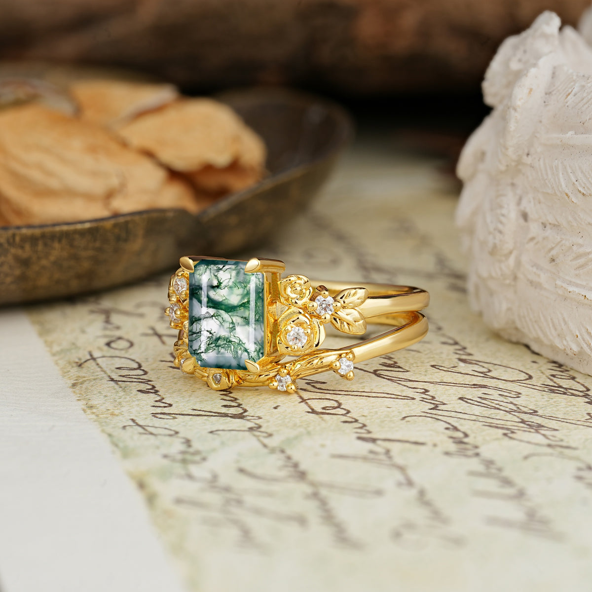 Nature-Inspired Luxury Aphrodite's Garden Emerald-Cut Moss Agate Rose-Themed Bridal Ring Set | RamaSoul - Rose-Gold