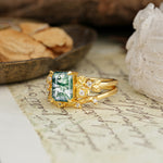 Nature-Inspired Luxury Aphrodite's Garden Emerald-Cut Moss Agate Rose-Themed Bridal Ring Set | RamaSoul - Rose-Gold