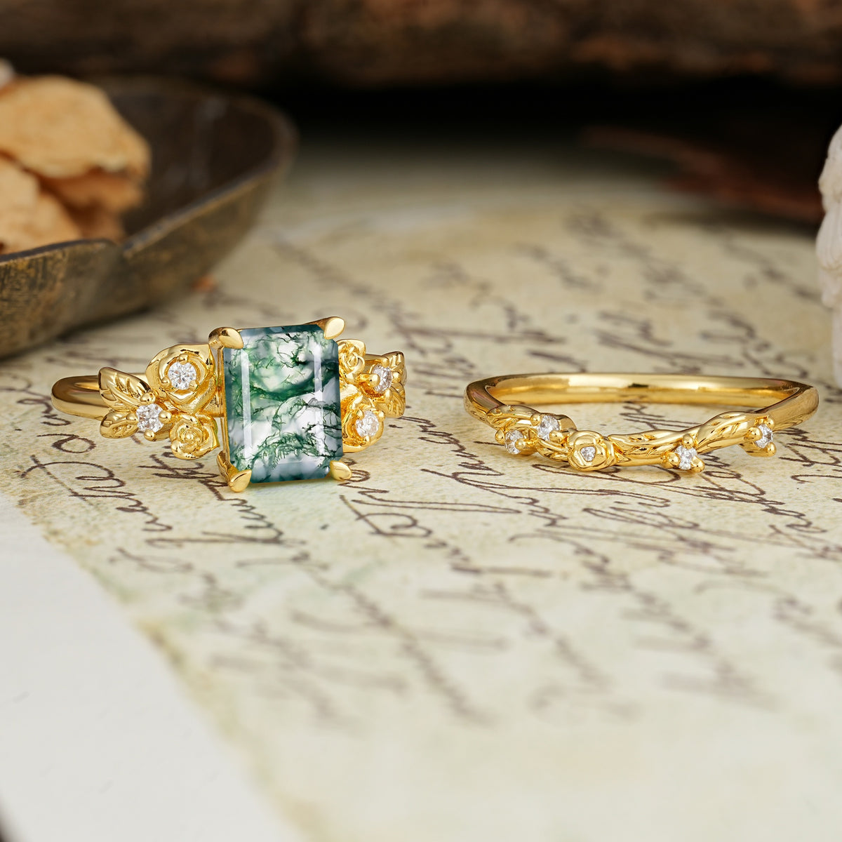 Nature-Inspired Luxury Aphrodite's Garden Emerald-Cut Moss Agate Rose-Themed Bridal Ring Set | RamaSoul - White-Gold