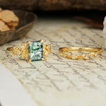 Nature-Inspired Luxury Aphrodite's Garden Emerald-Cut Moss Agate Rose-Themed Bridal Ring Set | RamaSoul - White-Gold