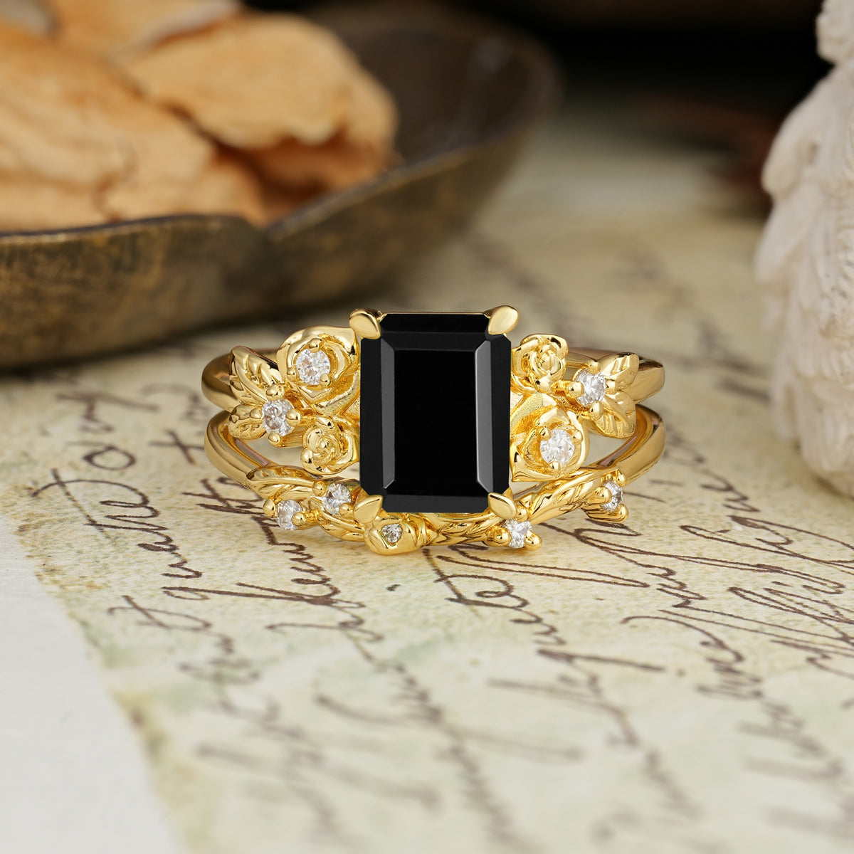 Nature-Inspired Luxury Aphrodite's Garden Emerald-Cut Black Onyx Rose-Themed Bridal Ring Set | RamaSoul - Yellow-Gold