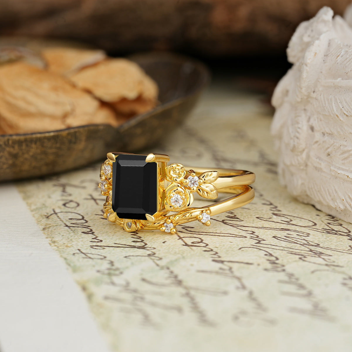 Nature-Inspired Luxury Aphrodite's Garden Emerald-Cut Black Onyx Rose-Themed Bridal Ring Set | RamaSoul - Rose-Gold