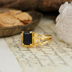 Nature-Inspired Luxury Aphrodite's Garden Emerald-Cut Black Onyx Rose-Themed Bridal Ring Set | RamaSoul - Rose-Gold