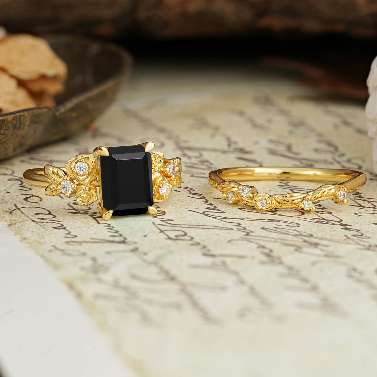 Nature-Inspired Luxury Aphrodite's Garden Emerald-Cut Black Onyx Rose-Themed Bridal Ring Set | RamaSoul - White-Gold