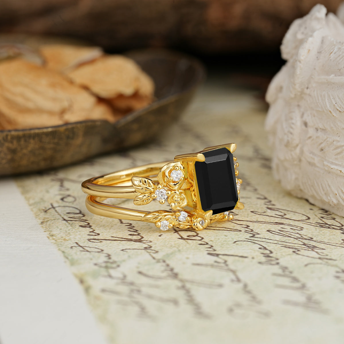 Nature-Inspired Luxury Aphrodite's Garden Emerald-Cut Black Onyx Rose-Themed Bridal Ring Set | RamaSoul - Additional view