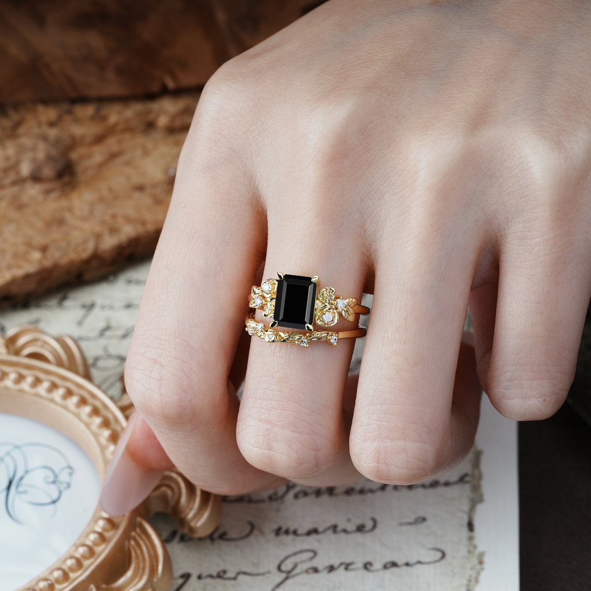 Nature-Inspired Luxury Aphrodite's Garden Emerald-Cut Black Onyx Rose-Themed Bridal Ring Set | RamaSoul