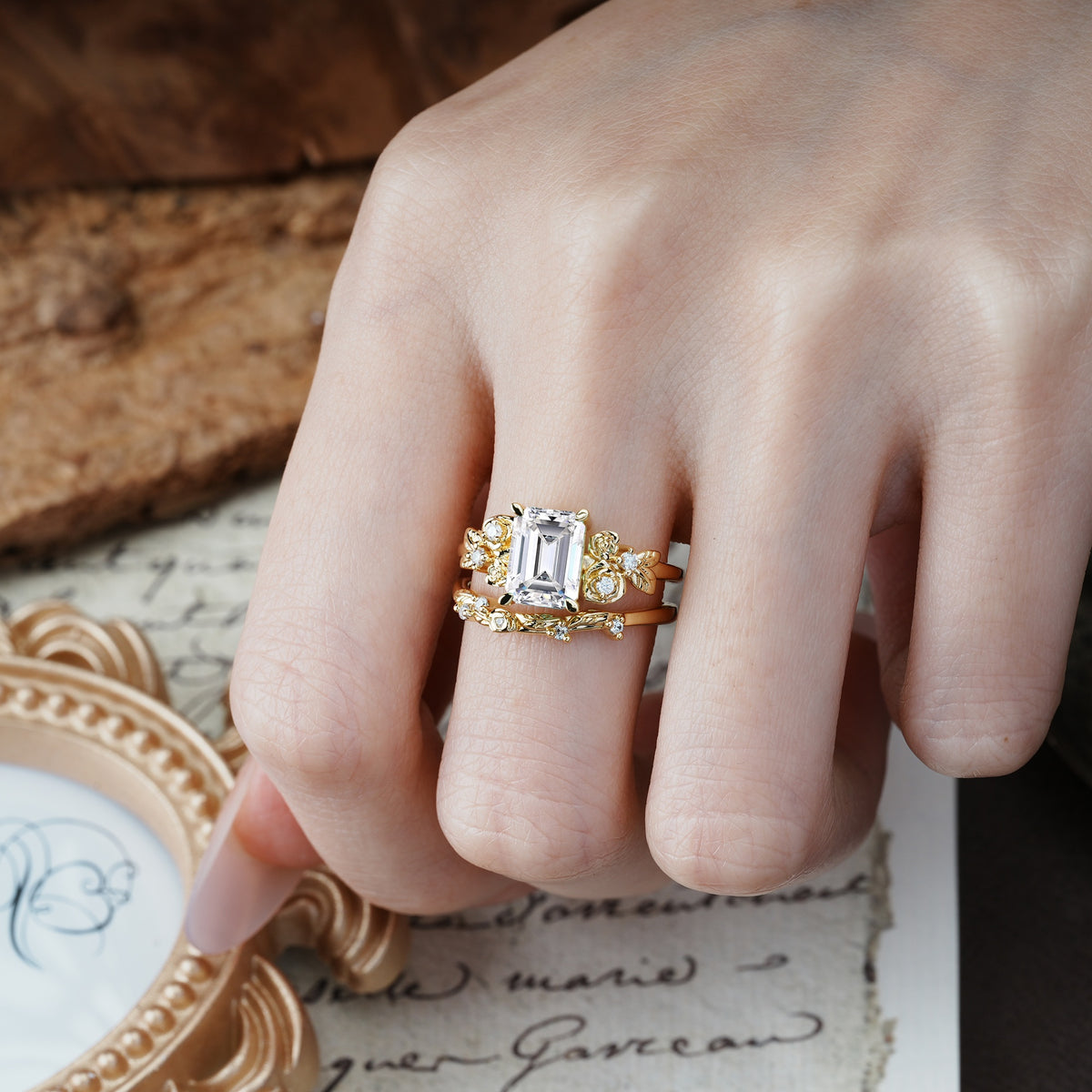Nature-Inspired Luxury Aphrodite's Garden Emerald-Cut Lab Diamond Rose-Themed Bridal Ring Set | RamaSoul