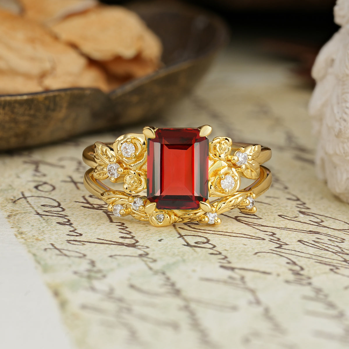 Nature-Inspired Luxury Aphrodite's Garden Emerald-Cut Garnet Rose-Themed Bridal Ring Set | RamaSoul - Yellow-Gold