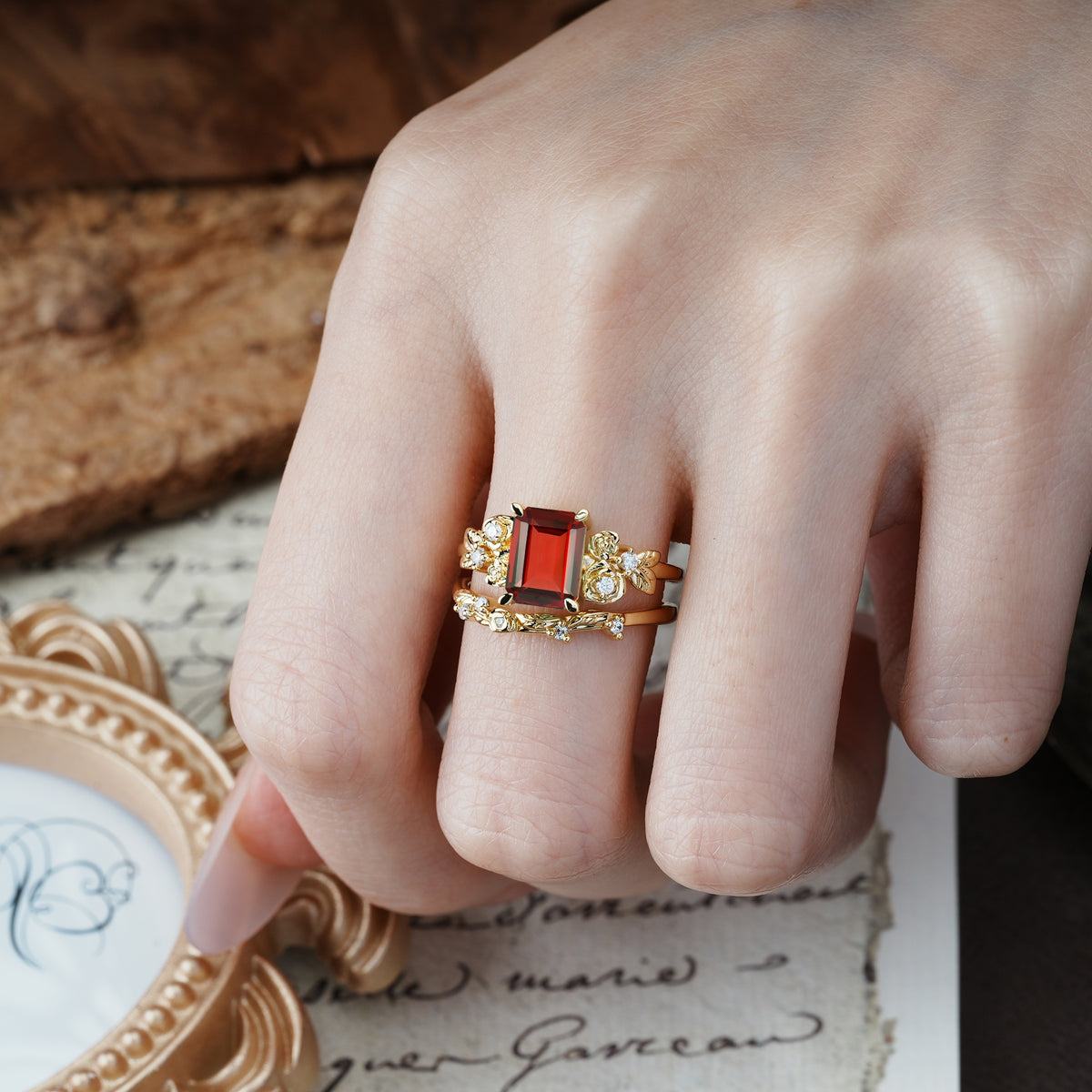 Nature-Inspired Luxury Aphrodite's Garden Emerald-Cut Garnet Rose-Themed Bridal Ring Set | RamaSoul