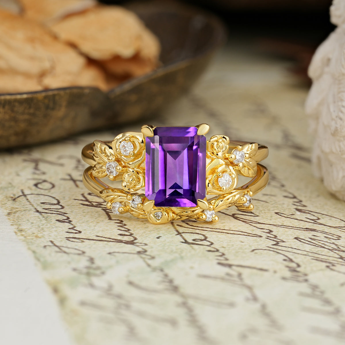Nature-Inspired Luxury Aphrodite's Garden Emerald-Cut Amethyst Rose-Themed Bridal Ring Set | RamaSoul - Yellow-Gold