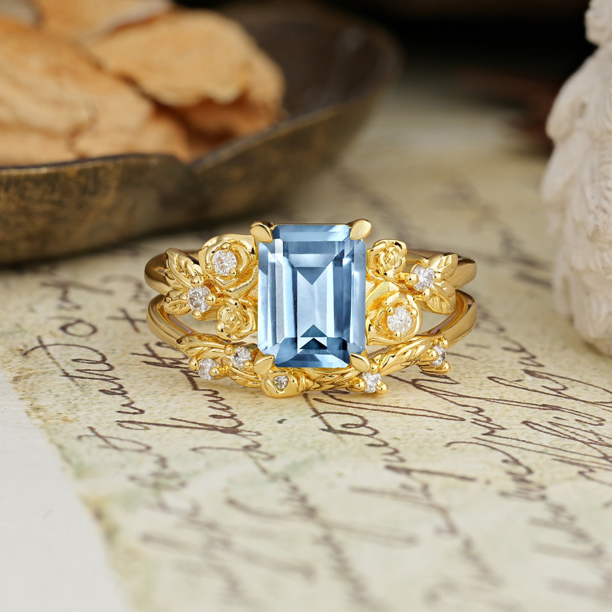 Nature-Inspired Luxury Aphrodite's Garden Emerald-Cut Aquamarine Rose-Themed Bridal Ring Set | RamaSoul - Yellow-Gold