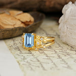 Nature-Inspired Luxury Aphrodite's Garden Emerald-Cut Aquamarine Rose-Themed Bridal Ring Set | RamaSoul - Rose-Gold