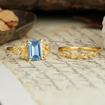 Nature-Inspired Luxury Aphrodite's Garden Emerald-Cut Aquamarine Rose-Themed Bridal Ring Set | RamaSoul - White-Gold