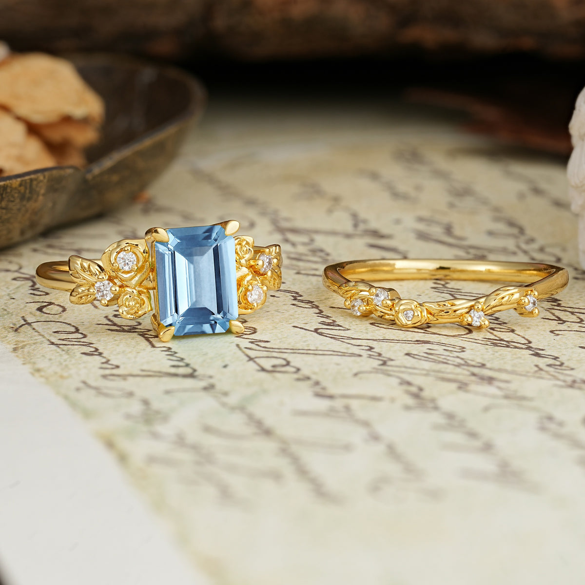 Nature-Inspired Luxury Aphrodite's Garden Emerald-Cut Aquamarine Rose-Themed Bridal Ring Set | RamaSoul - White-Gold